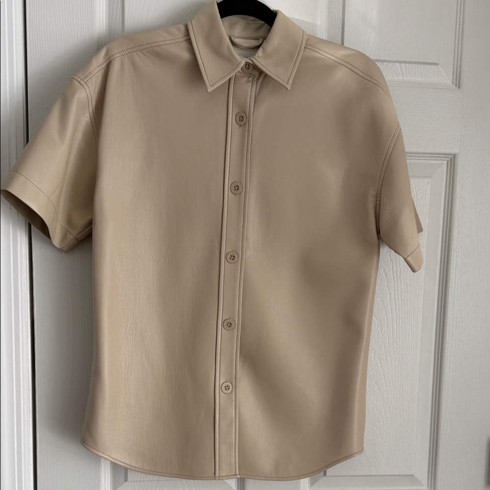 Aritzia Button Up Short Sleeve Vegan Leather Shirt